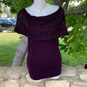 Sleeveless, off shoulder purple sweater with sequins